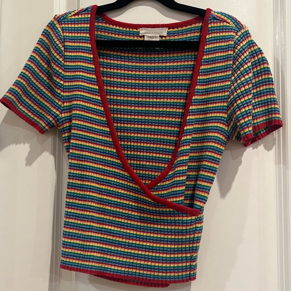 Urban Outfitters Urban Renewal Rainbow Multicolored V-Neck Wrap Short Sleeve Top